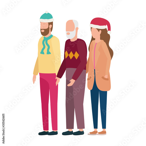 cute grandfather with young couple using christmas hat