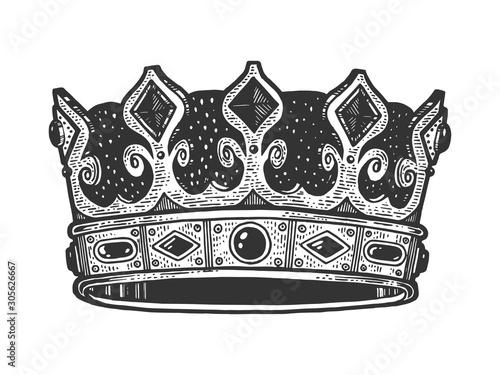 Royal crown sketch engraving vector illustration. T-shirt apparel print design. Scratch board imitation. Black and white hand drawn image.