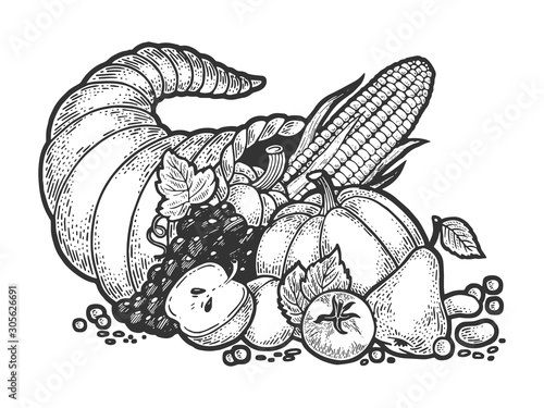 Cornucopia horn of plenty sketch engraving vector illustration. T-shirt apparel print design. Scratch board imitation. Black and white hand drawn image.