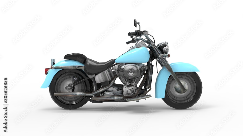 3d rendering of a cruiser motorcycle isolated in a white studio background
