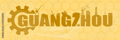 Gear with sea shipping and travel relative silhouettes.. Calligraphy inscription. Guangzhou city name text. Horizontal industrial web banner
