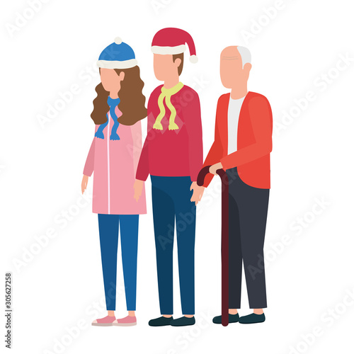 cute grandfather with young couple using christmas hat