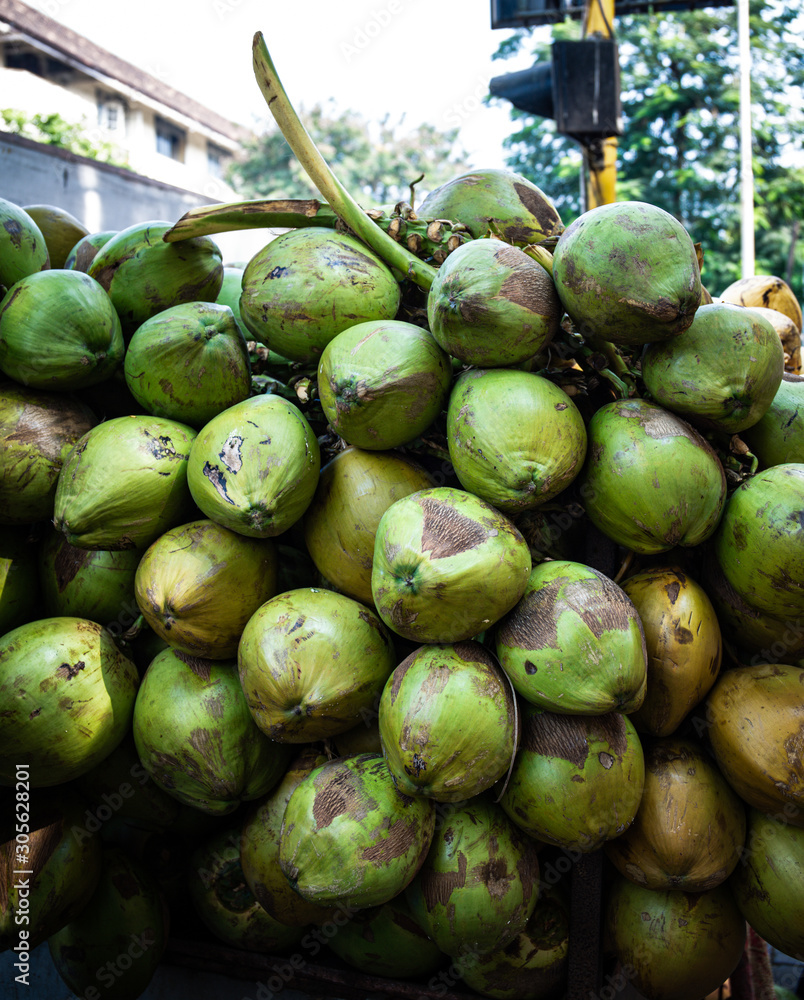 Fresh, plump green coconuts on sale in a street food stand in the middle of the road. Fresh, plump green coconuts on sale in a street food stand in the middle of the road.