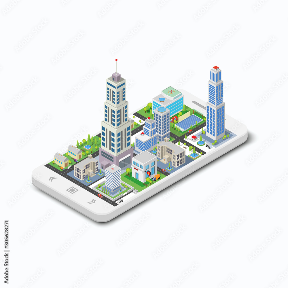 Three-dimensional building on a white phone Three-dimensional building on a white phone