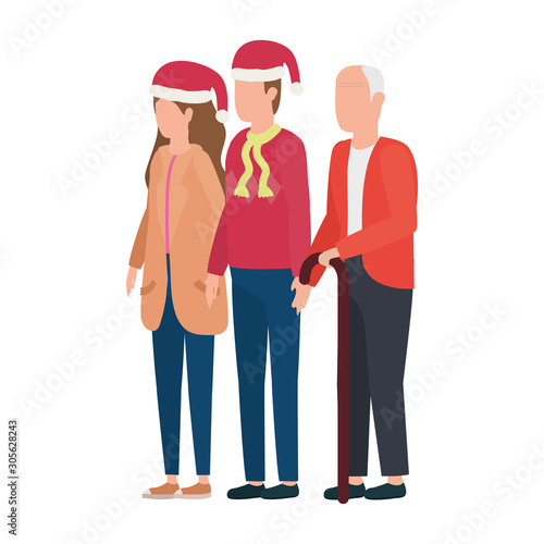 cute grandfather with young couple using christmas hat