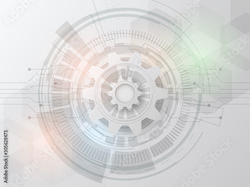 Futuristic technology design 3d white paper gear wheel on circuit board.