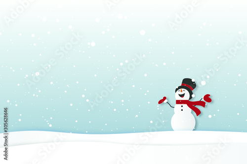 Merry christmas and Happy new year card with snowman. illustrator paper art style.