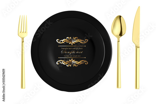 Vector realistic illustration of ceramic crockery and cutlery. An isolated image of a black porcelain dish and golden appliances. Fork, knife and spoon. Place for an inscription.