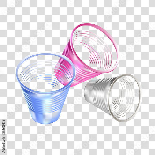  Vector realistic illustration of plastic glasses. Isolated image of a plastic tableware. Environmentally harmful dishes.