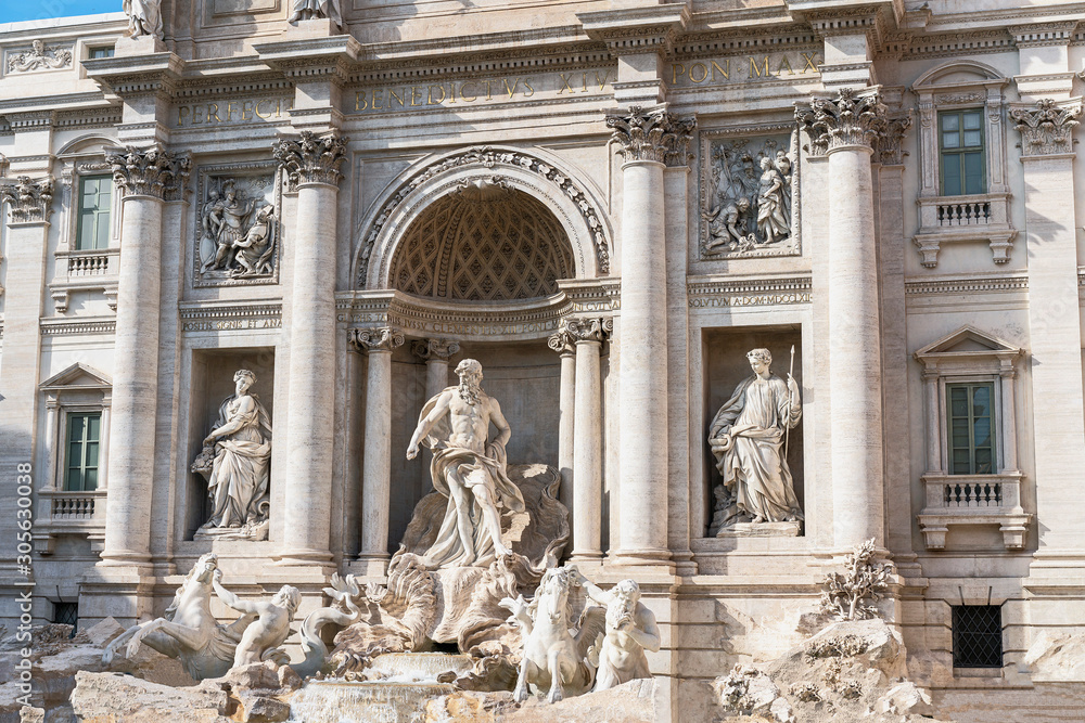 Rome, Italy - October 7, 2019 - view  of the sculptural group of the Trevi Fountain