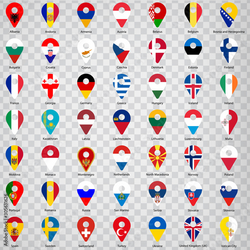 Forty nine flags of European countries - alphabetical order with name.  Set of 2d geolocation signs like national flags of  Europre. Forty nine geolocation signs for your web site design, logo, app, U