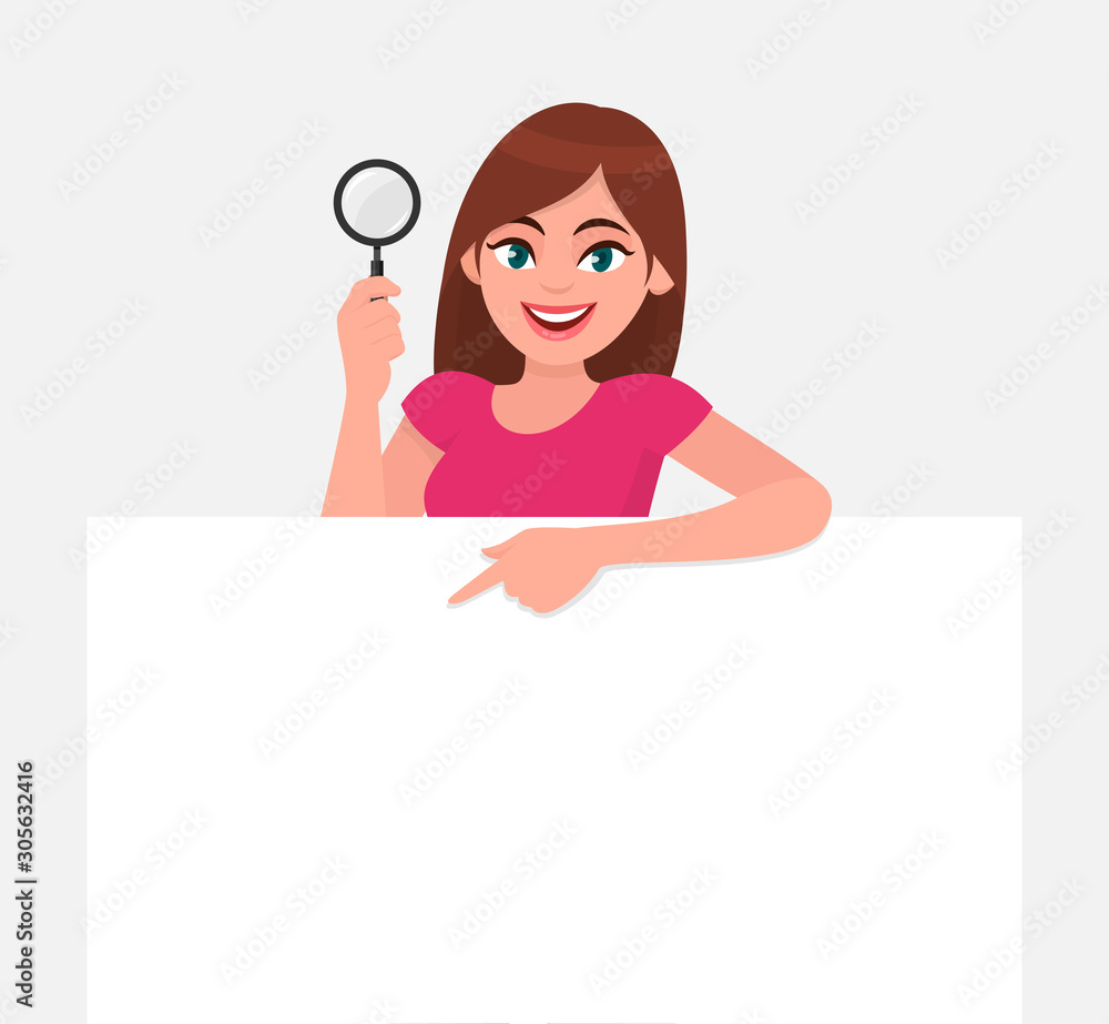 Young woman showing magnifying glass. Girl holding blank white poster, banner, placard and pointing finger. Female character design illustration. Modern lifestyle, advertisement concept in cartoon. - obrazy, fototapety, plakaty 