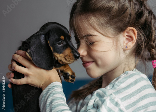 little girl holding a dachshund puppy in her arms, love of children and animals concept