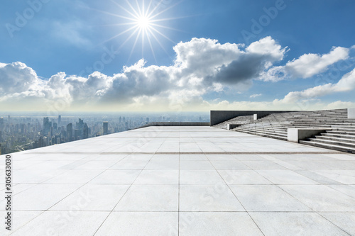 Empty floor and city skyline with beautiful clouds scenery in Shanghai.high angle view.
