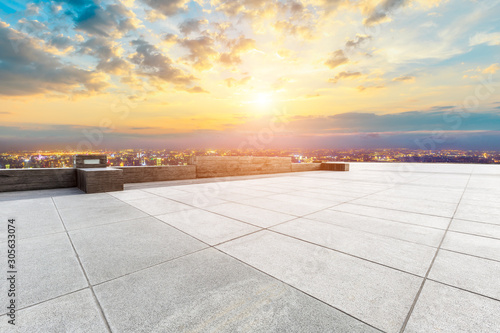 Empty floor and city skyline with beautiful clouds scenery in Shanghai at sunset.high angle view.