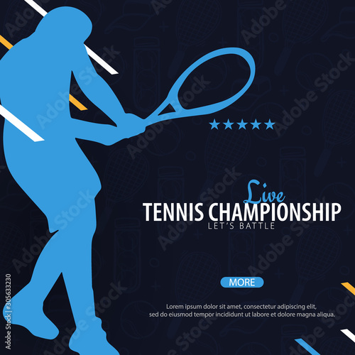 Tennis Championship banner, design with player and racquet on dark background. Vector illustration.