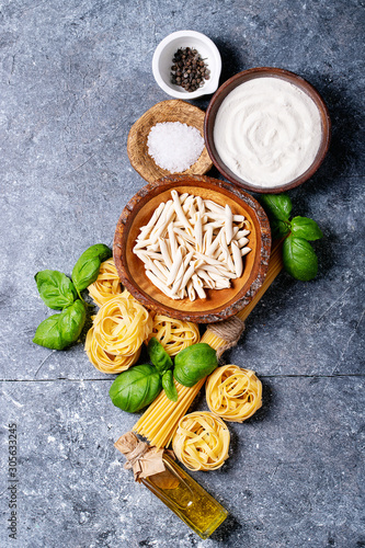 Raw ingredients for cooking pasta