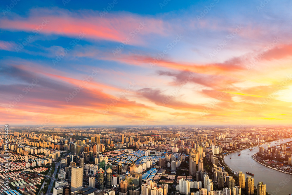 Fototapeta premium Aerial view of Shanghai skyline at sunset,China.