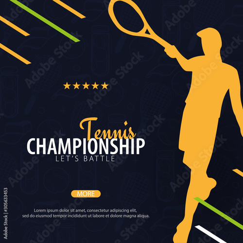 Tennis Championship banner, design with player and racquet on dark background. Vector illustration.