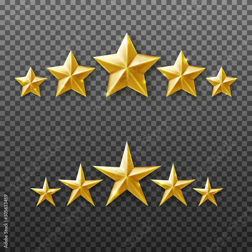 5 Gold stars rating set isolated on transparent background