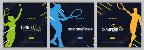 Set of Tennis Championship banners, design with player and racquet on dark background. Vector illustration.