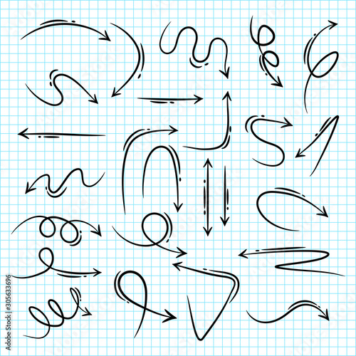 Set of Hand drawn vector arrows doodle on paper background.design element vector illustration.