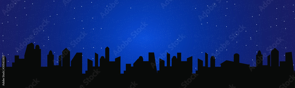 Silhouette of the night city. Black color. Starry sky. Vector