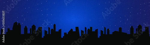 Silhouette of the night city. Black color. Starry sky. Vector