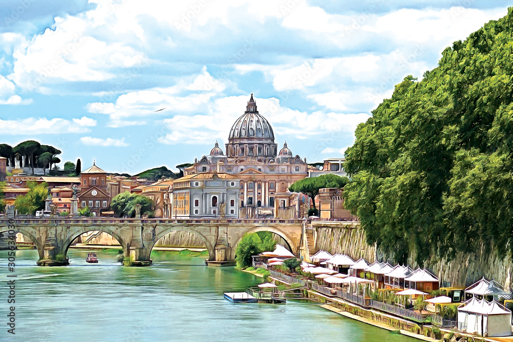 Saint Peter Basilica and Sant'Angelo Bridge, over Tiber river. Rome, Italy. Drawing.