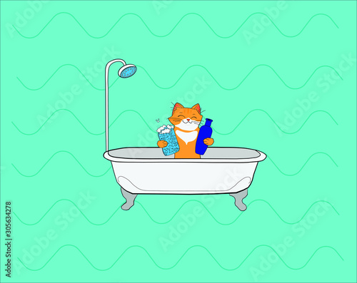 Happy red cat getting ready to take a bath, holds shampoo and washcloth in its paws, sits in a white bath, on the background of the image of waves