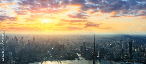 Aerial panoramic view of Shanghai skyline at sunset China.