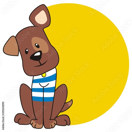 Sitting brown dog with yellow circle place for text, vector illustration, conceptual drawing