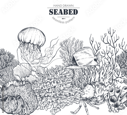 Vector monochrome seamless coral reef pattern with tropical fish, crab, jellyfish