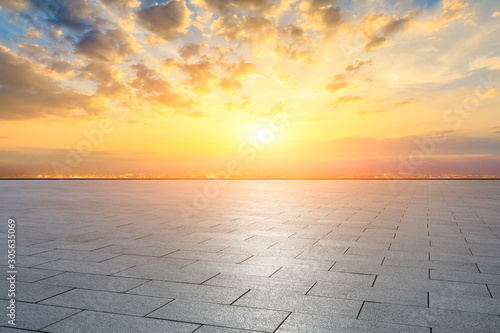 Empty floor and city skyline with beautiful clouds scenery in Shanghai at sunset.high angle view.