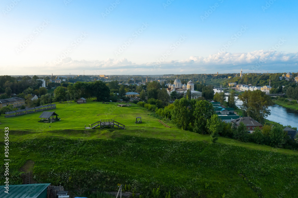 Aerial view of the historic center of Torzhok and the river Tvertsa. Tver region. Russia