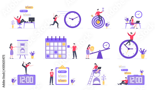 Effective Planning time management business concept set. Business people characters, flat style clipart for web banners isolated on white background with time symbols business elements.
