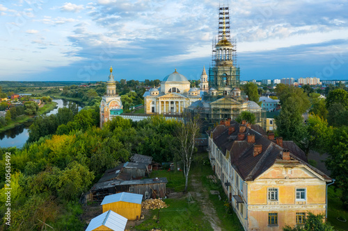 Panorama of the Borisoglebsky Monastery in town Torzhok, view from above. Tver region. Russia