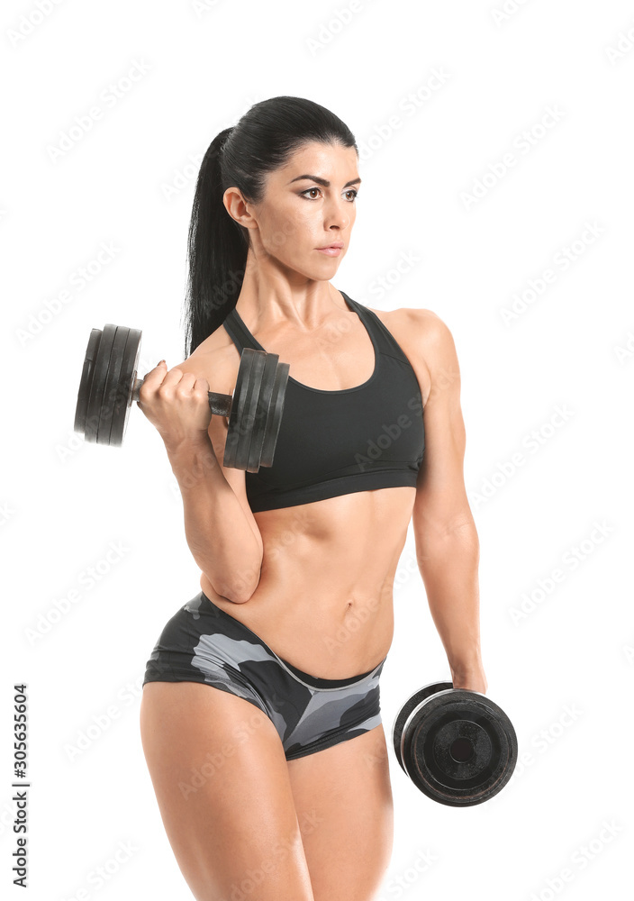 Sporty muscular woman with dumbbells isolated on white Sporty muscular woman with dumbbells isolated on white