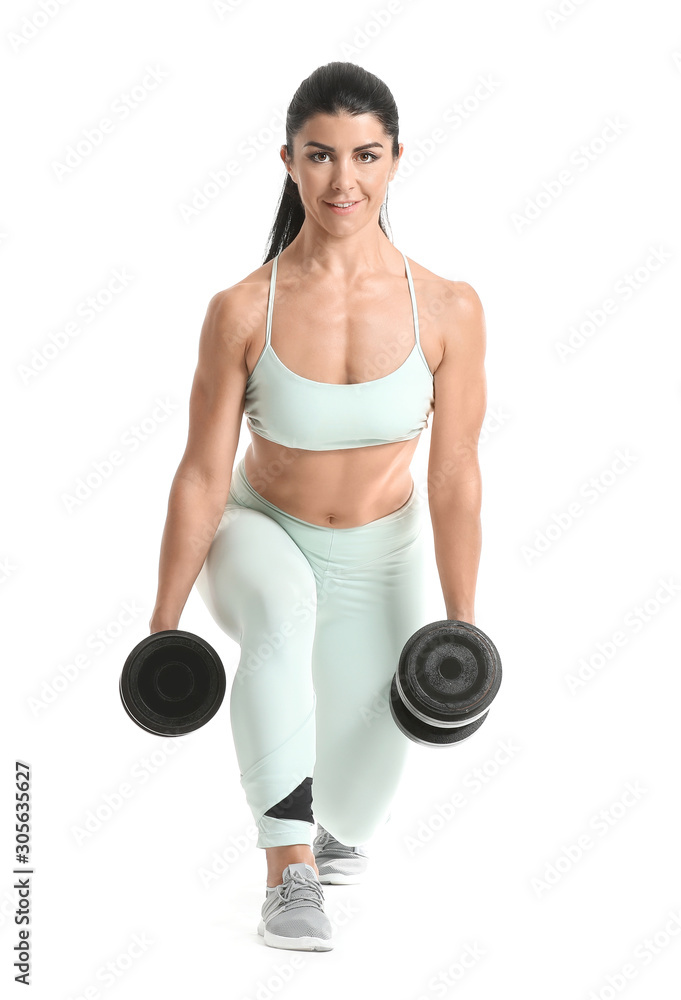 Sporty muscular woman with dumbbells isolated on white Sporty muscular woman with dumbbells isolated on white