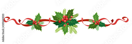 Christmas, New Year holiday decoration. Vector illustration garland of holly with red berries, ribbons, poinsettia, fir-tree branches. Frame, border for Christmas cards, banners.