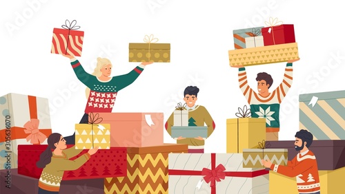 People and New Year gifts flat vector illustration. Family members preparing and receiving presents cartoon characters. Traditional winter holiday celebration. Secret Santa surprises unwrapping.