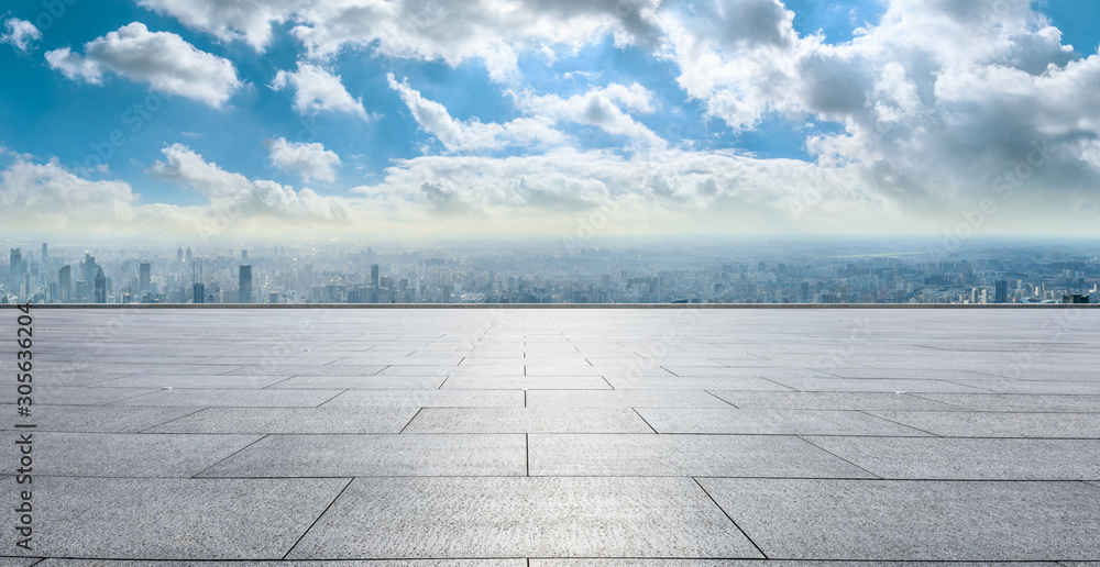 Empty floor and city skyline with beautiful clouds scenery in Shanghai.high angle view.