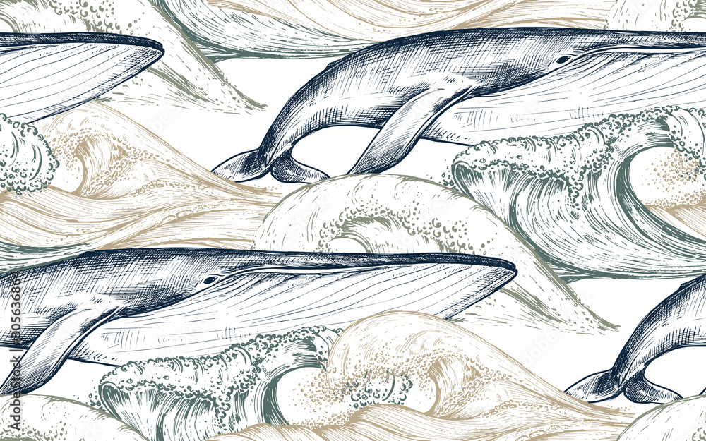 Vector monochrome seamless pattern with ocean waves and whales in sketch style.