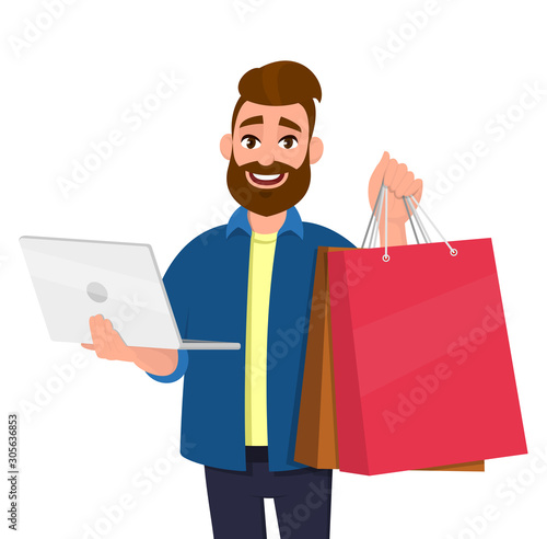 Portrait of young man showing shopping bags. Person holding a laptop computer in hand. Male character illustration. Modern lifestyle, digital technology, new purchase, latest trend in cartoon.