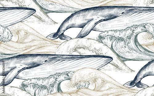 Fototapeta Vector monochrome seamless pattern with ocean waves and whales in sketch style