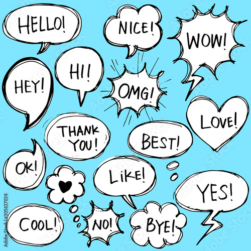 set of hand drawn comic bubble speech with text