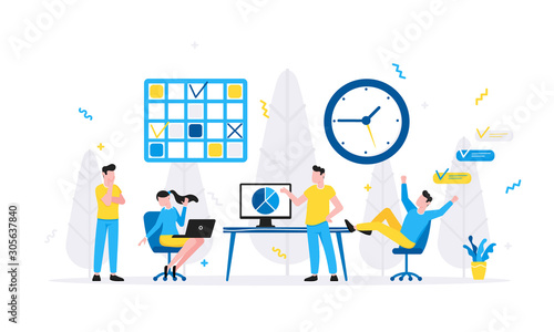 Tiny people characters working together with table and computer. Teamwork and time management concept flat style design vector illustration isolated white background.