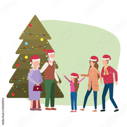 cute family members with christmas pine tree