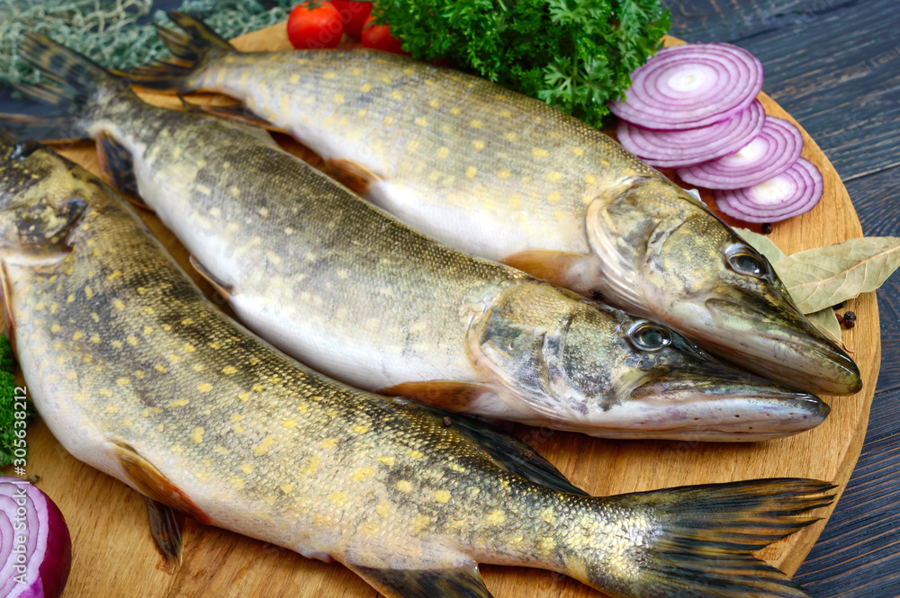 Big raw pikes with vegetables and herbs on a wooden tray. Fresh catch. Dietary product. Ready to cook. Big raw pikes with vegetables and herbs on a wooden tray. Fresh catch. Dietary product. Ready to cook.