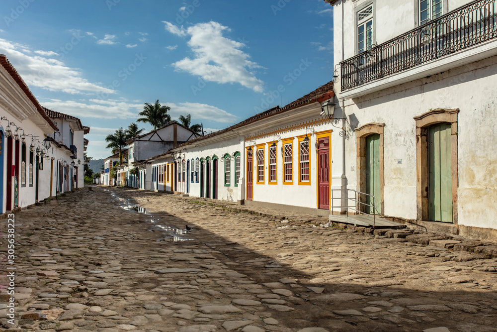 Paraty cobblestone streets and houses with colorful doors of the historic center in Paraty, Rio de Janeiro, Brazil. UNESCO World Heritage Site on the Brazilian Coast